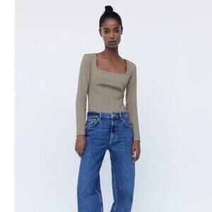 Zara Square Neck Long Sleeve Bodysuit Small Khaki Tan Olive